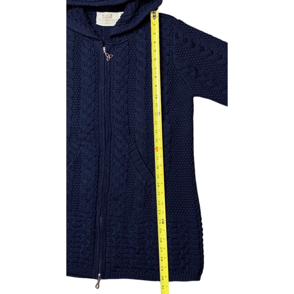 Aran Sweater Market Navy Blue 100% Merino Wool Hooded Zip Cardigan Ireland M - Picture 8 of 11